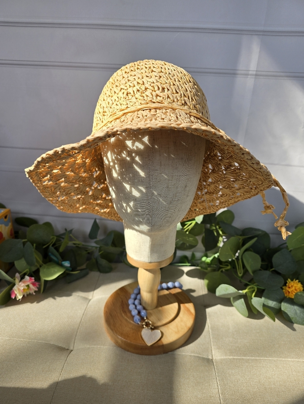 Pretty Persuasions Handmade Crochet Raffia Bow Tie Wide Brim Summer Sun Hat